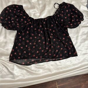 Floral Black Blouse with Puff Sleeves